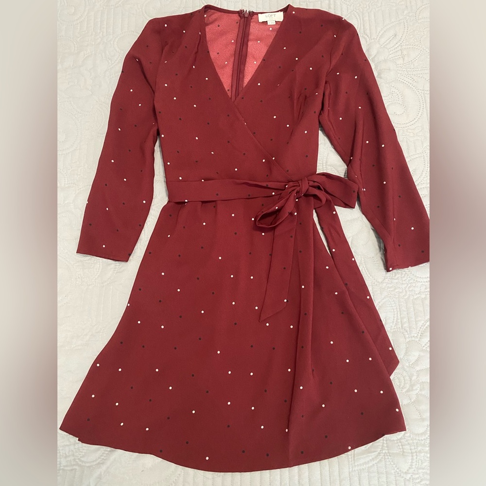 Never worn Burgundy Wrap Dress with polka dot detail